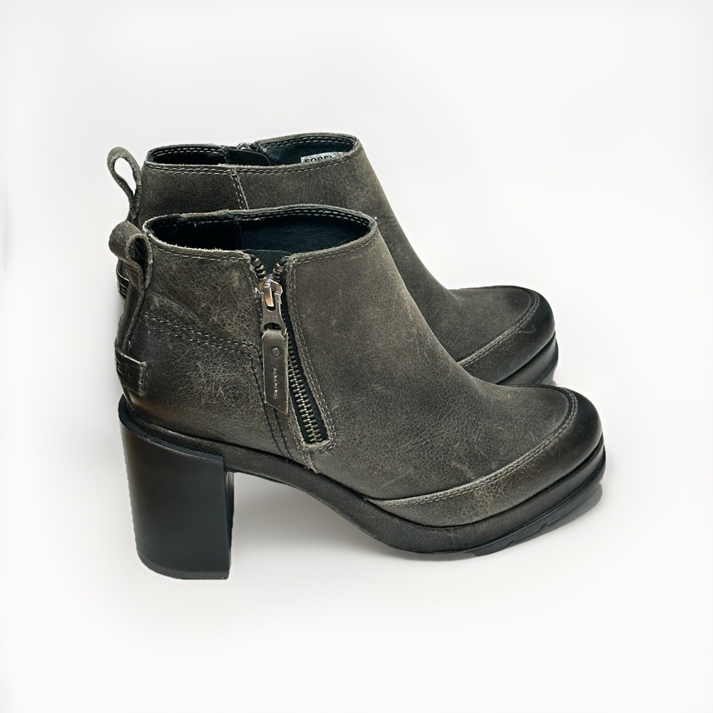 Sorel Blake Women Boots 6.5 Quarry Gray/Olive Leather Side Zip Ankle Waterproof - Picture 2 of 6